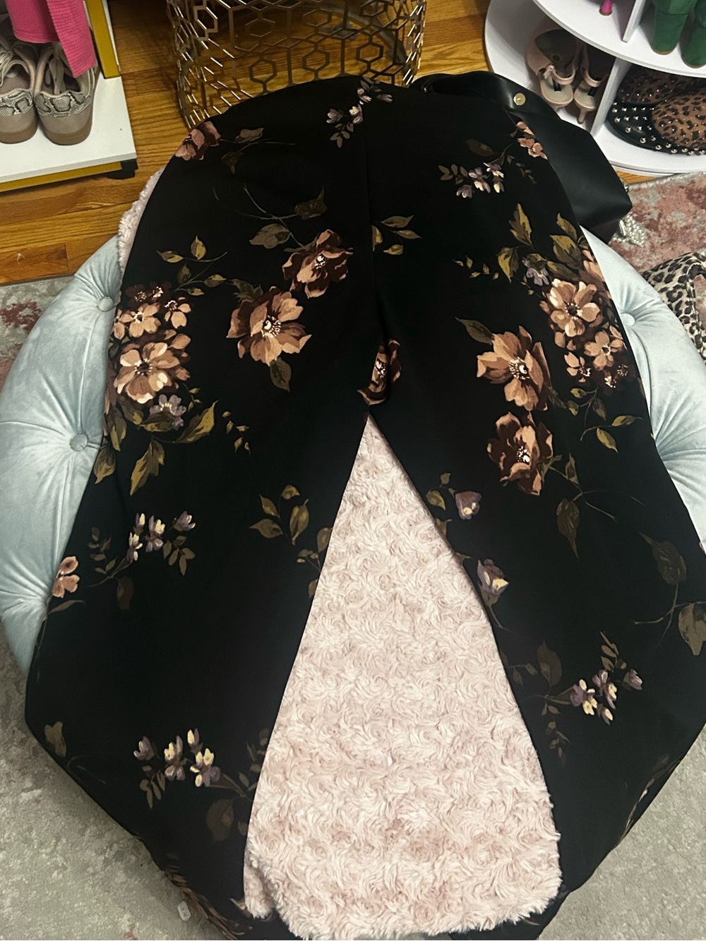 Black Wide-Leg Pants with Brown Floral Print